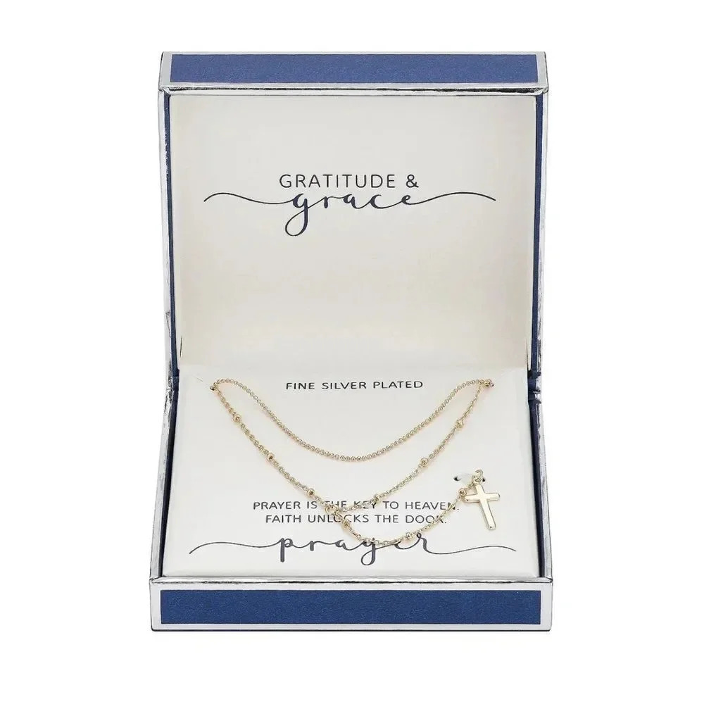 Gratitude Grace Gold Flash Plated Cross Layered Lariat Pendant Necklace NWT
